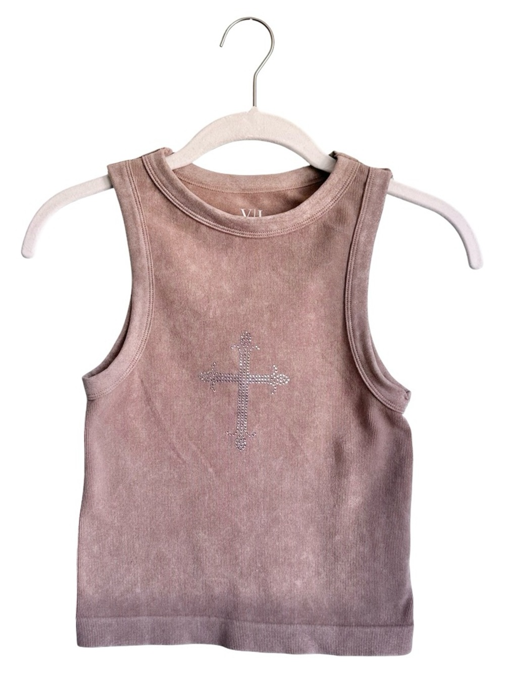 NWT Vital Life Activewear Taupe Rhinestone Cross Cropped Tank Top Small